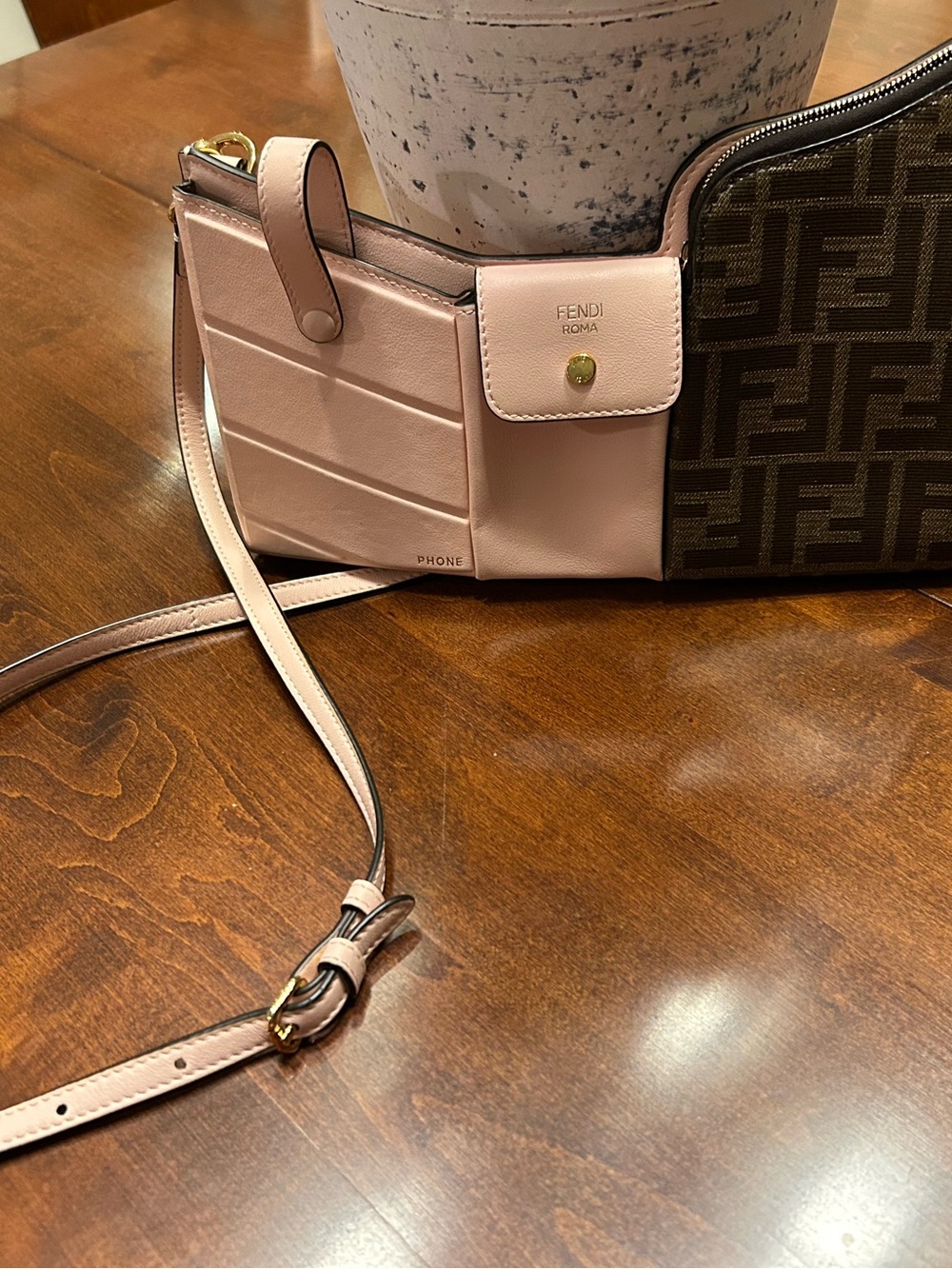 Authentic  Fendi light Pink and Brown FF Logo Crossbody Phone Wallet